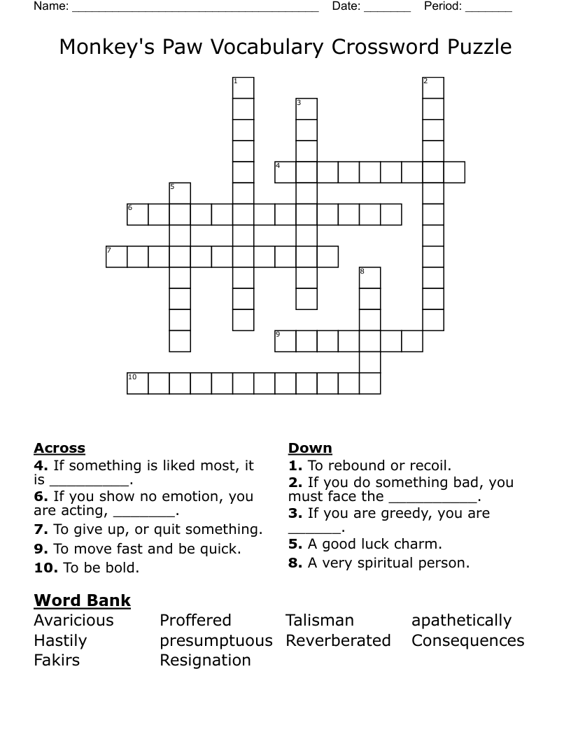 Monkey's Paw Vocabulary Crossword Puzzle