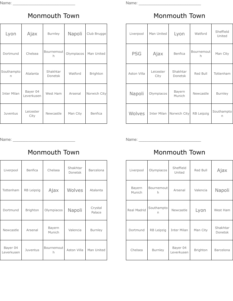 Monmouth Town Bingo Cards
