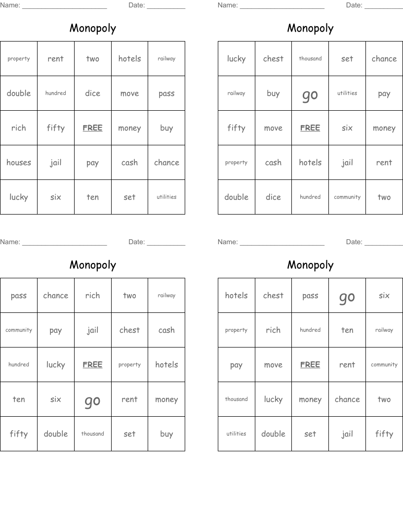 Monopoly Bingo Cards