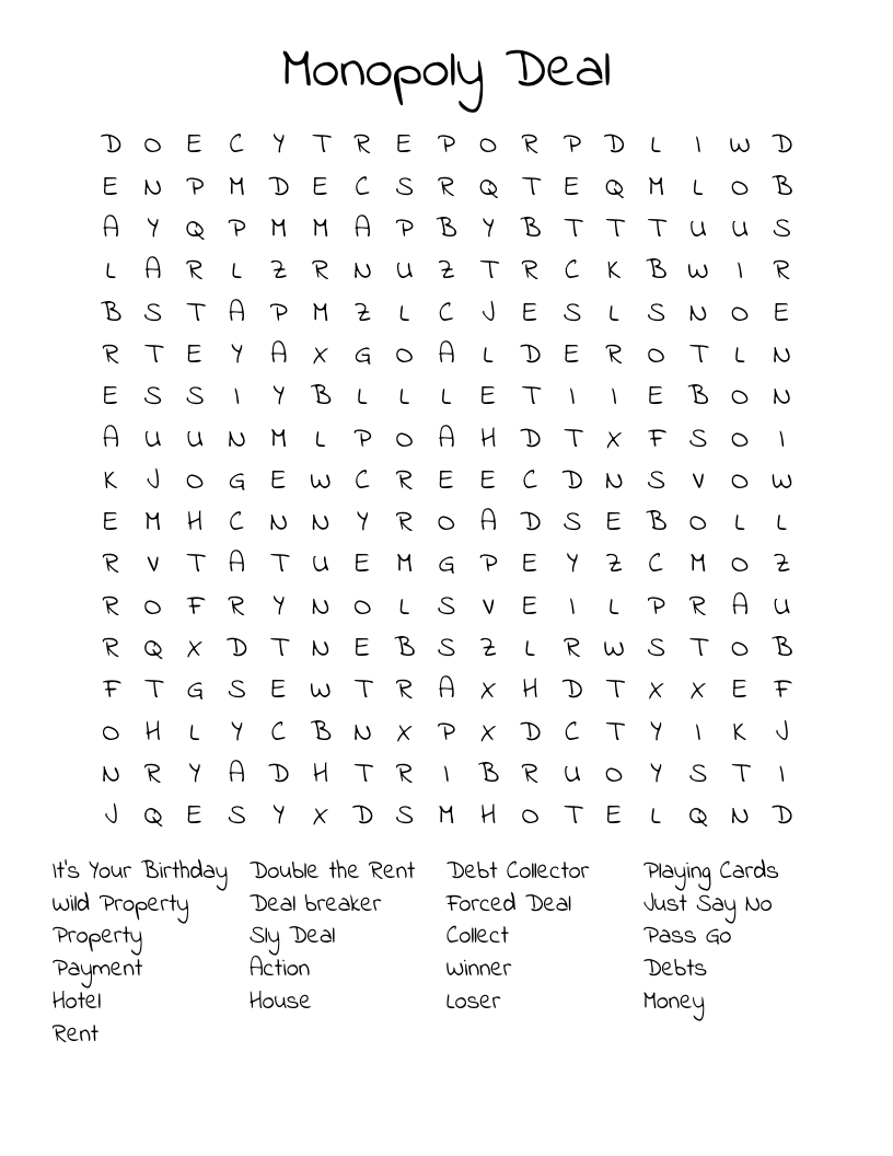 Monopoly Deal Word Search