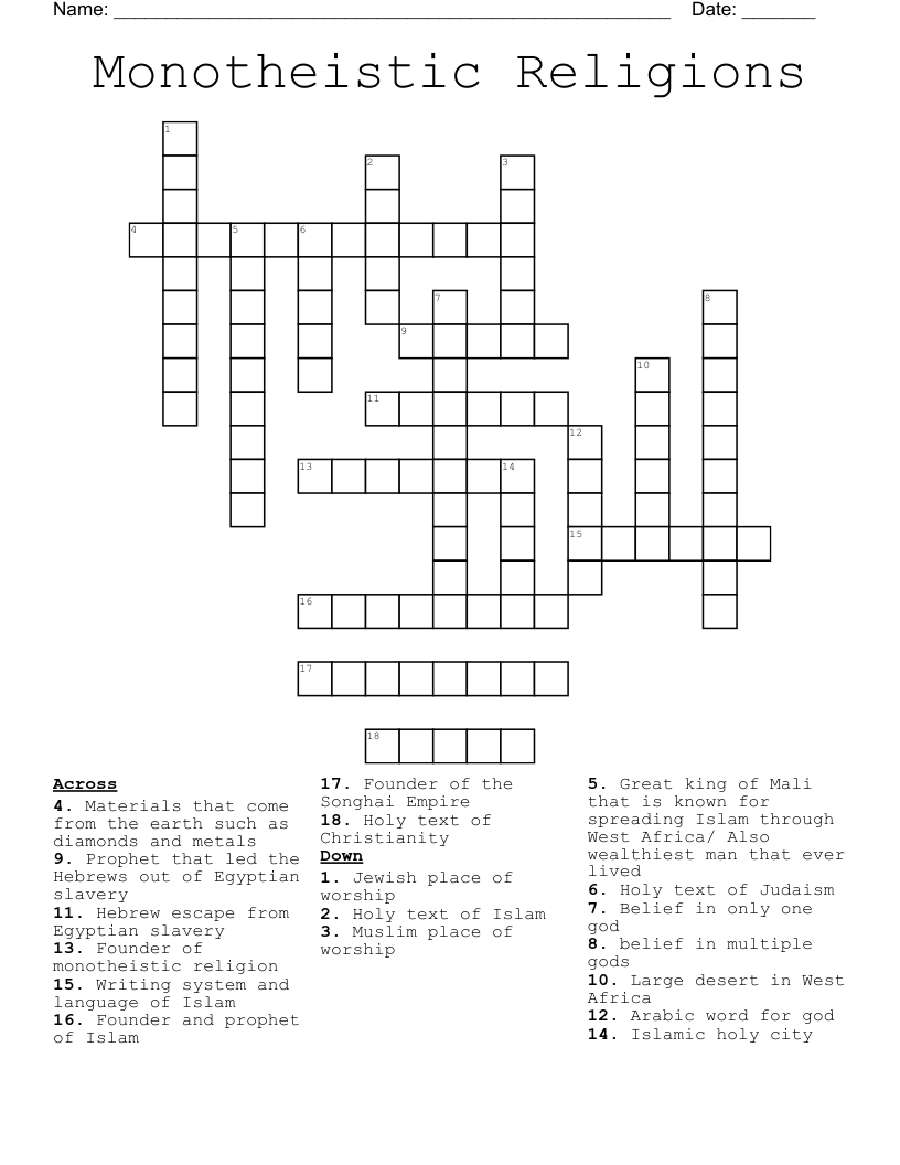 Monotheistic Religions Crossword