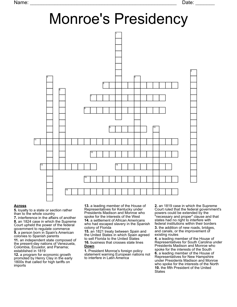Monroe's Presidency  Crossword