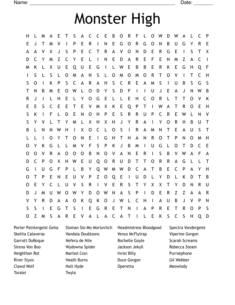 Monster High Word Search