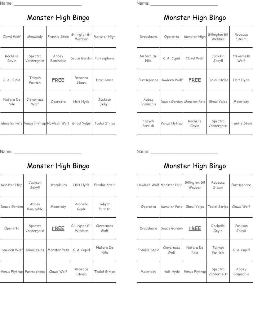 Monster High Bingo 