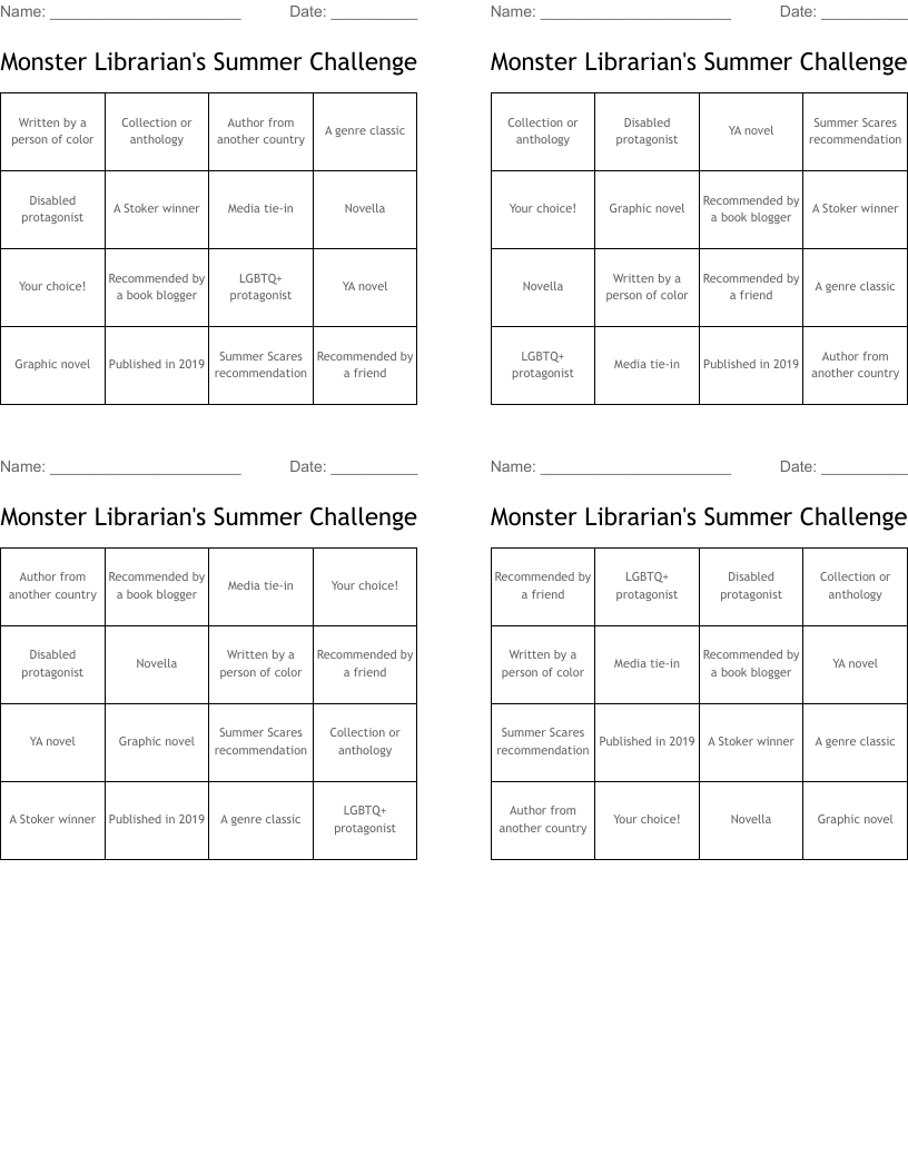 Monster Librarian's Summer Challenge Bingo Cards