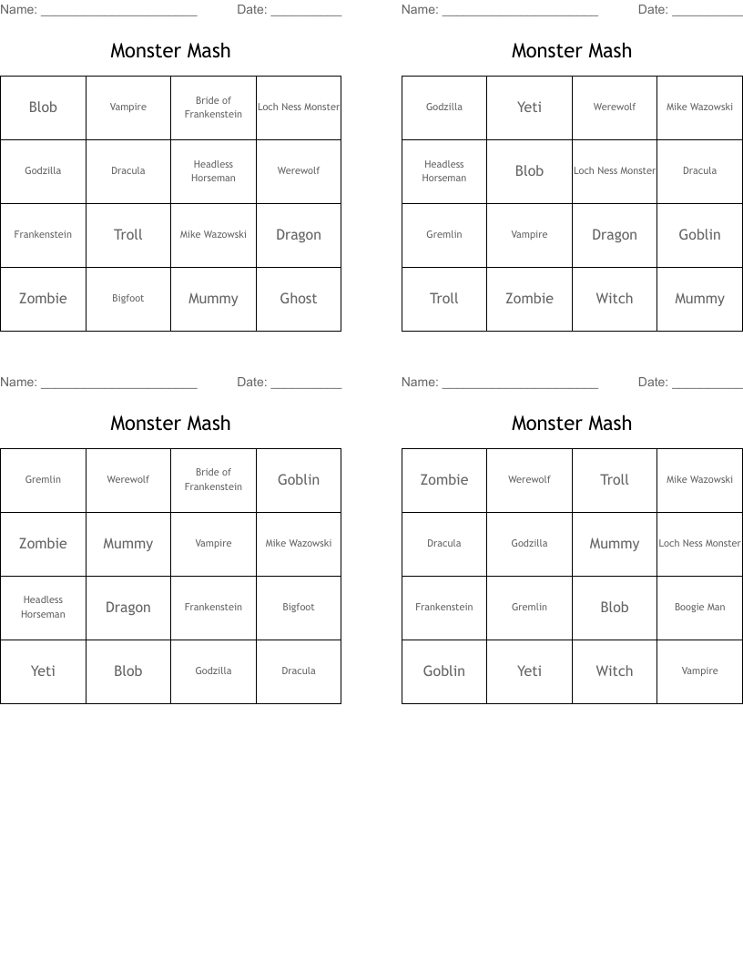 Monster Mash Bingo Cards