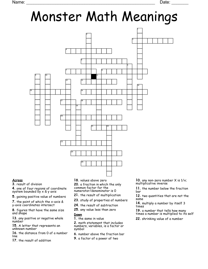 Monster Math Meanings Crossword