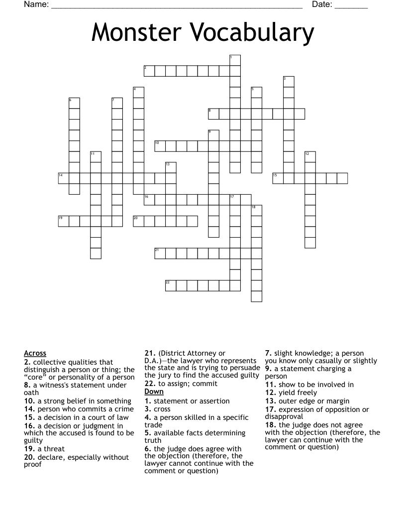 Monster Vocabulary Crossword