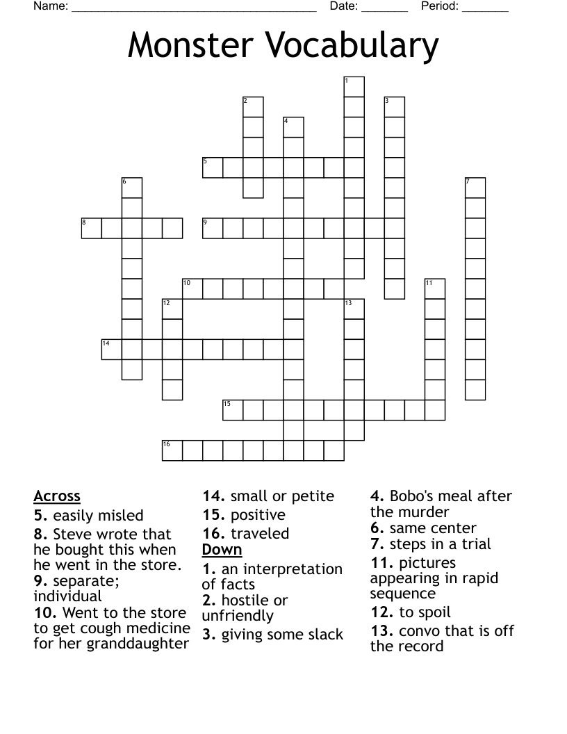 Monster Vocabulary Crossword