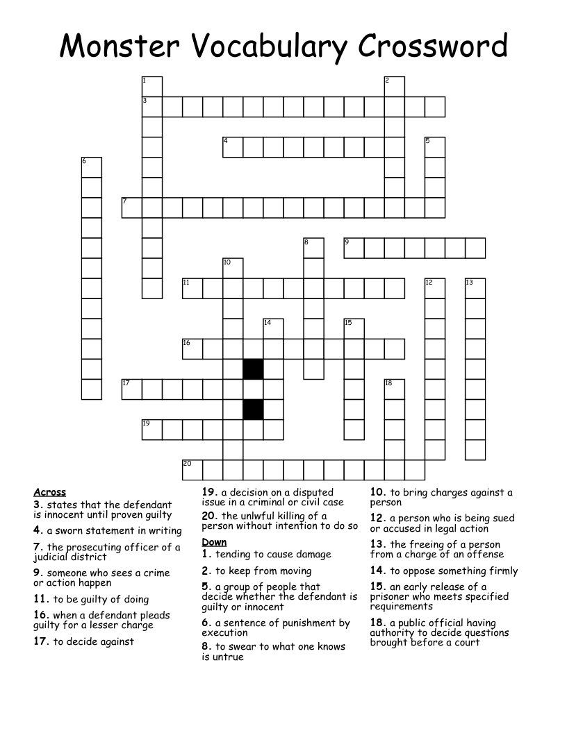 Monster Vocabulary Crossword