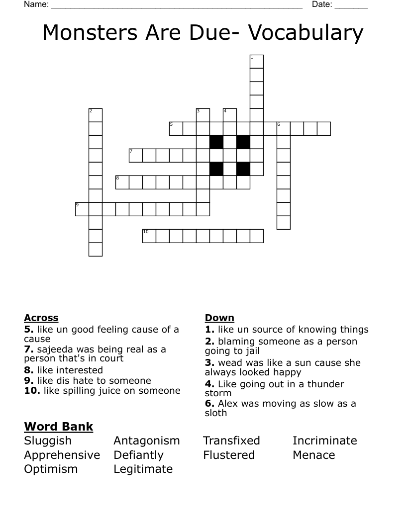 Monsters Are Due- Vocabulary Crossword