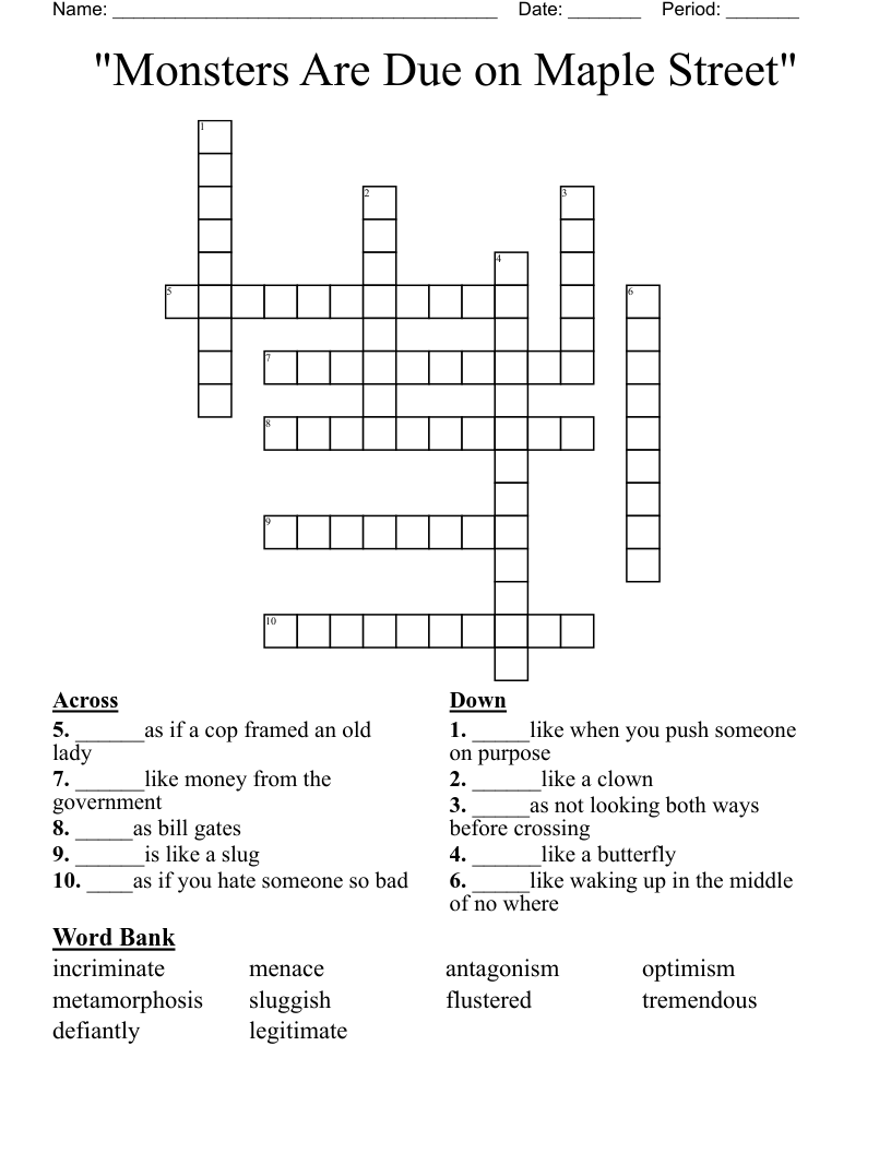 "Monsters Are Due on Maple Street" Crossword