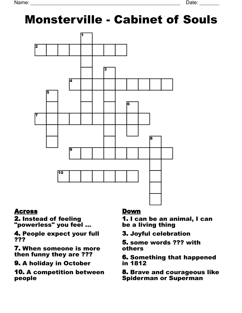 Monsterville - Cabinet of Souls Crossword