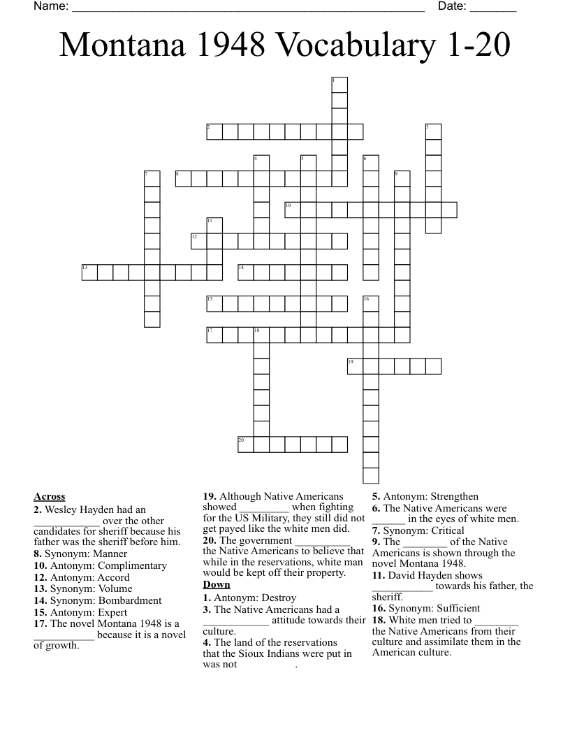 Montana 1948 Vocabulary 1-20 Crossword