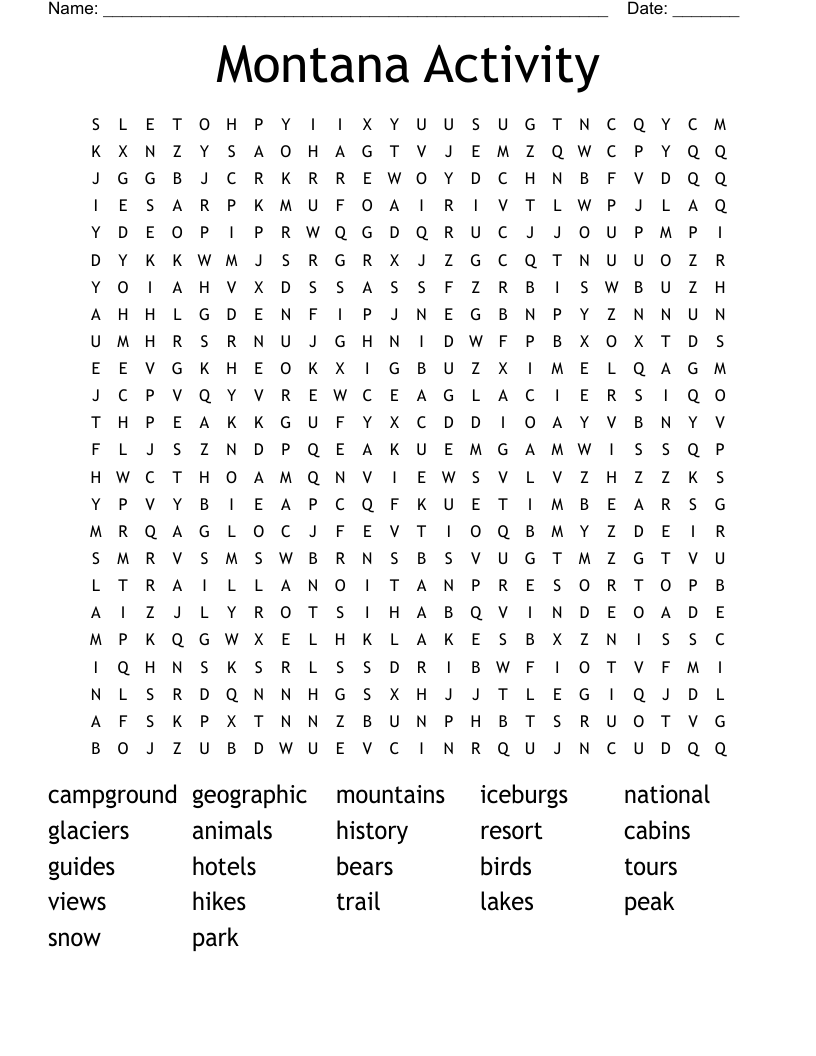 Montana Activity  Word Search