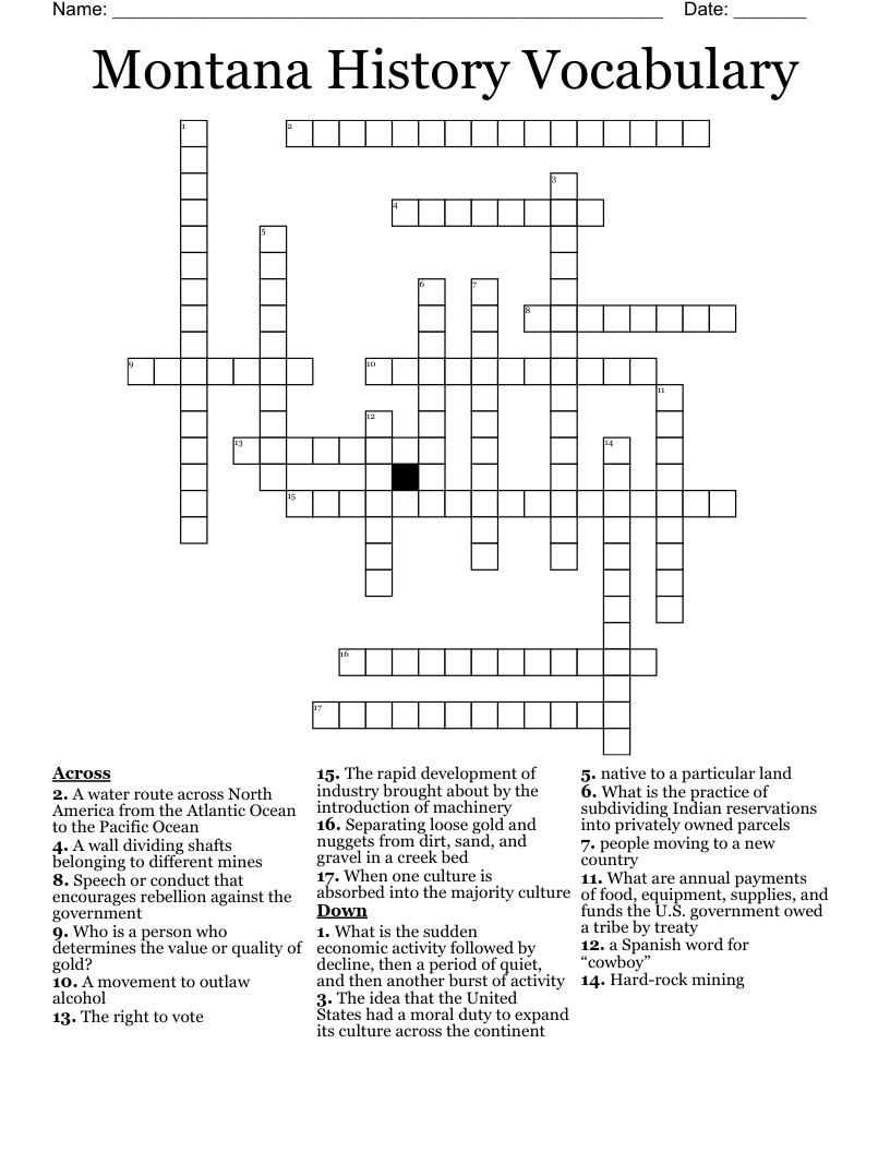 Montana History Vocabulary Crossword