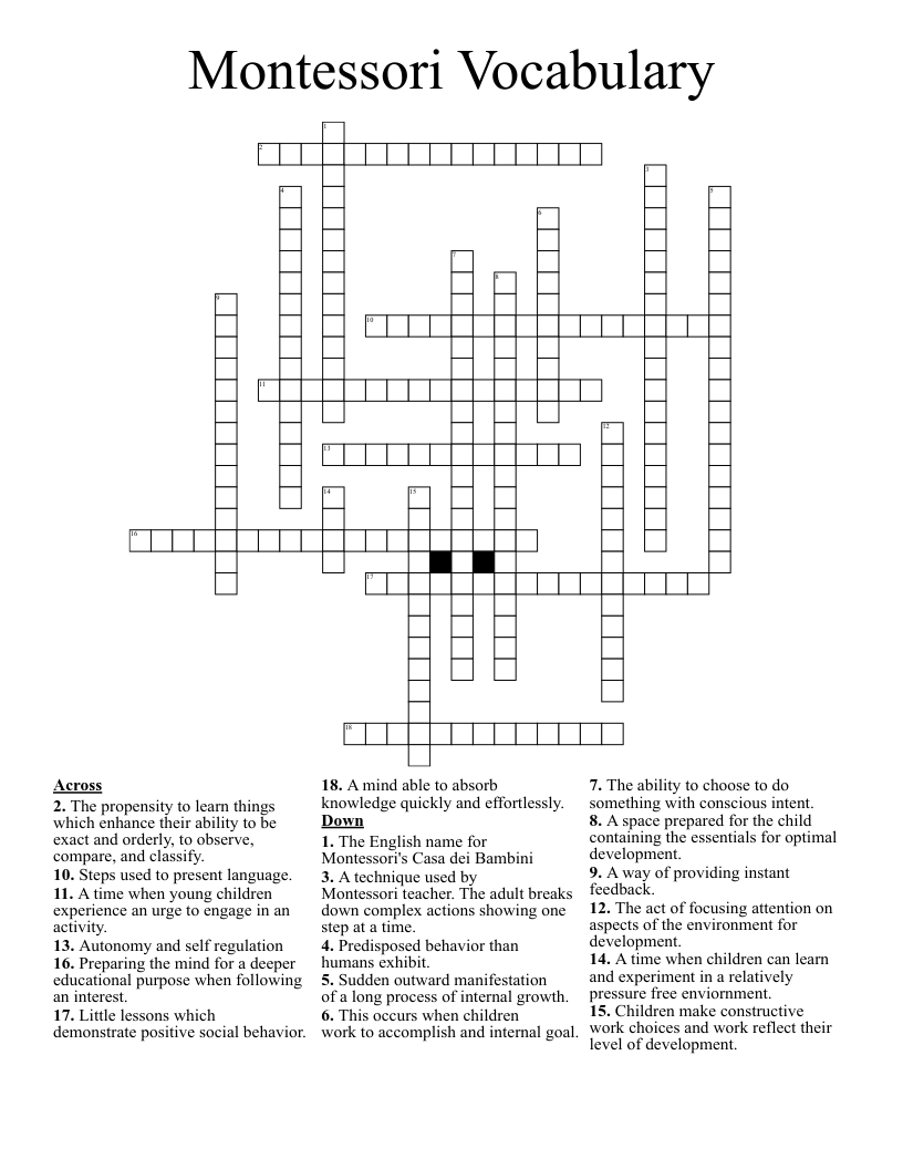 Montessori Vocabulary Crossword