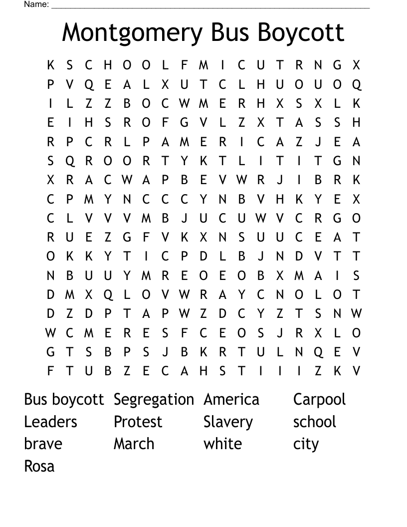 Montgomery Bus Boycott Word Search