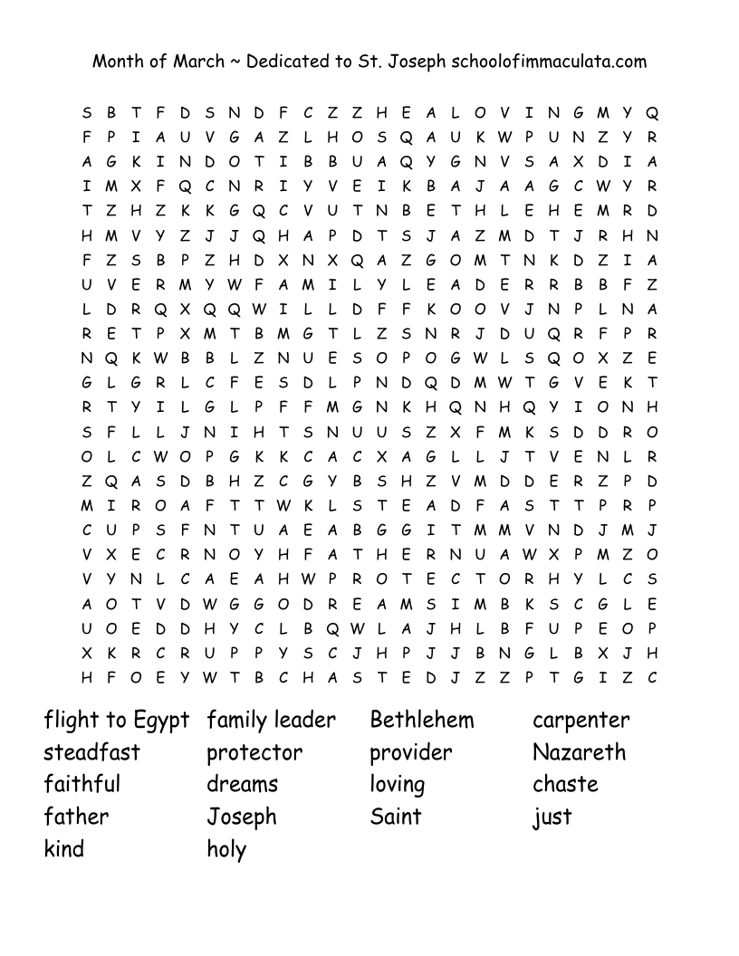Month of March ~ Dedicated to St. Joseph       schoolofimmaculata.com Word Search
