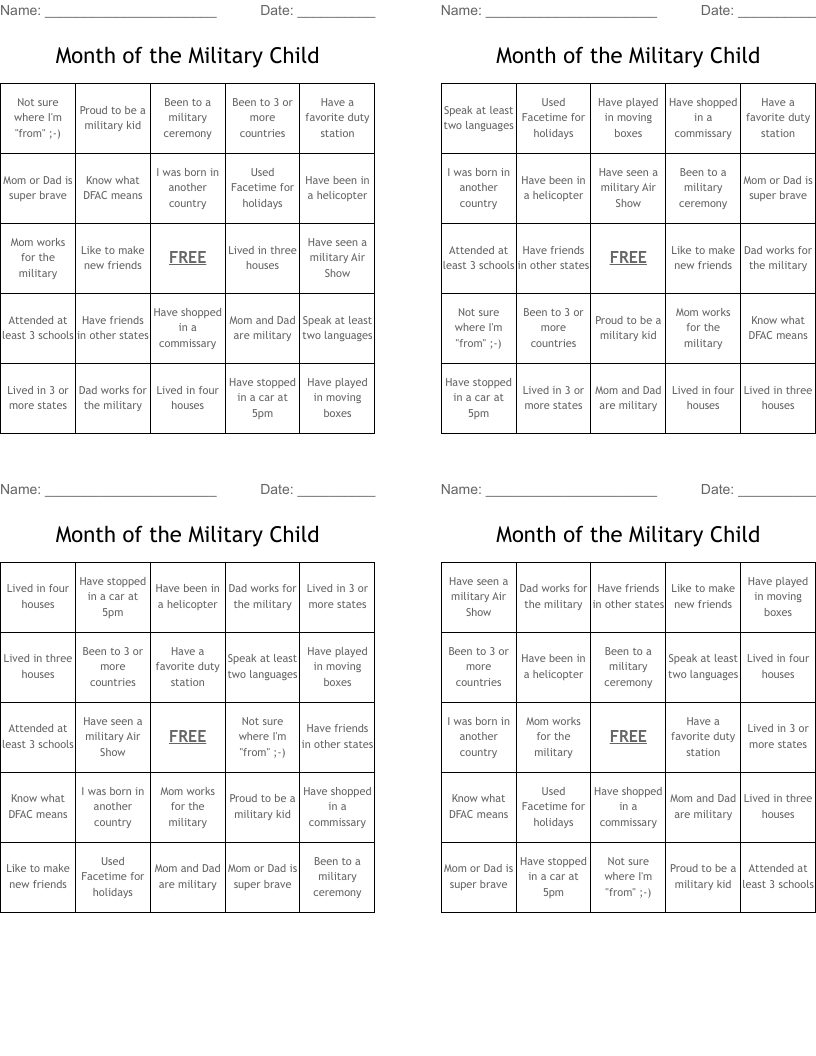 Month of the Military Child Bingo Cards