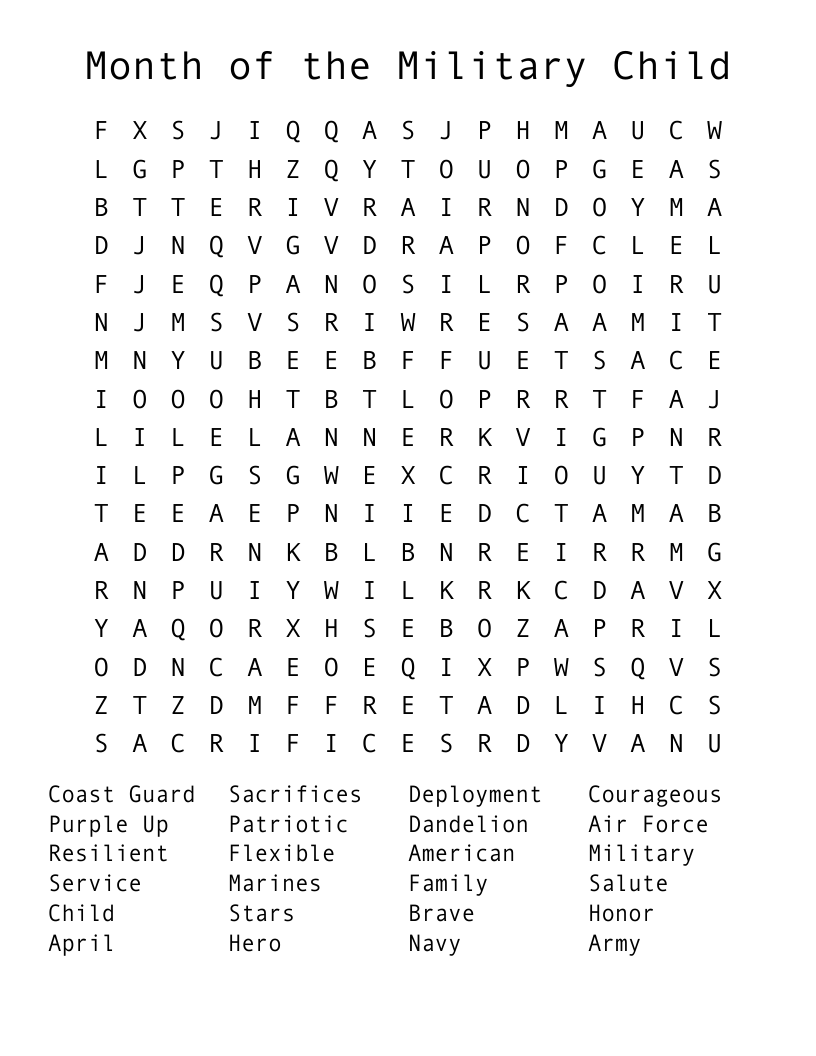 Month of the Military Child Word Search
