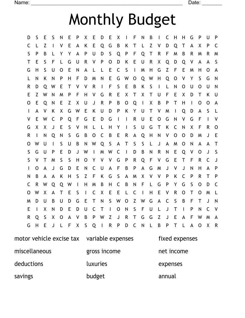 Monthly Budget Word Search