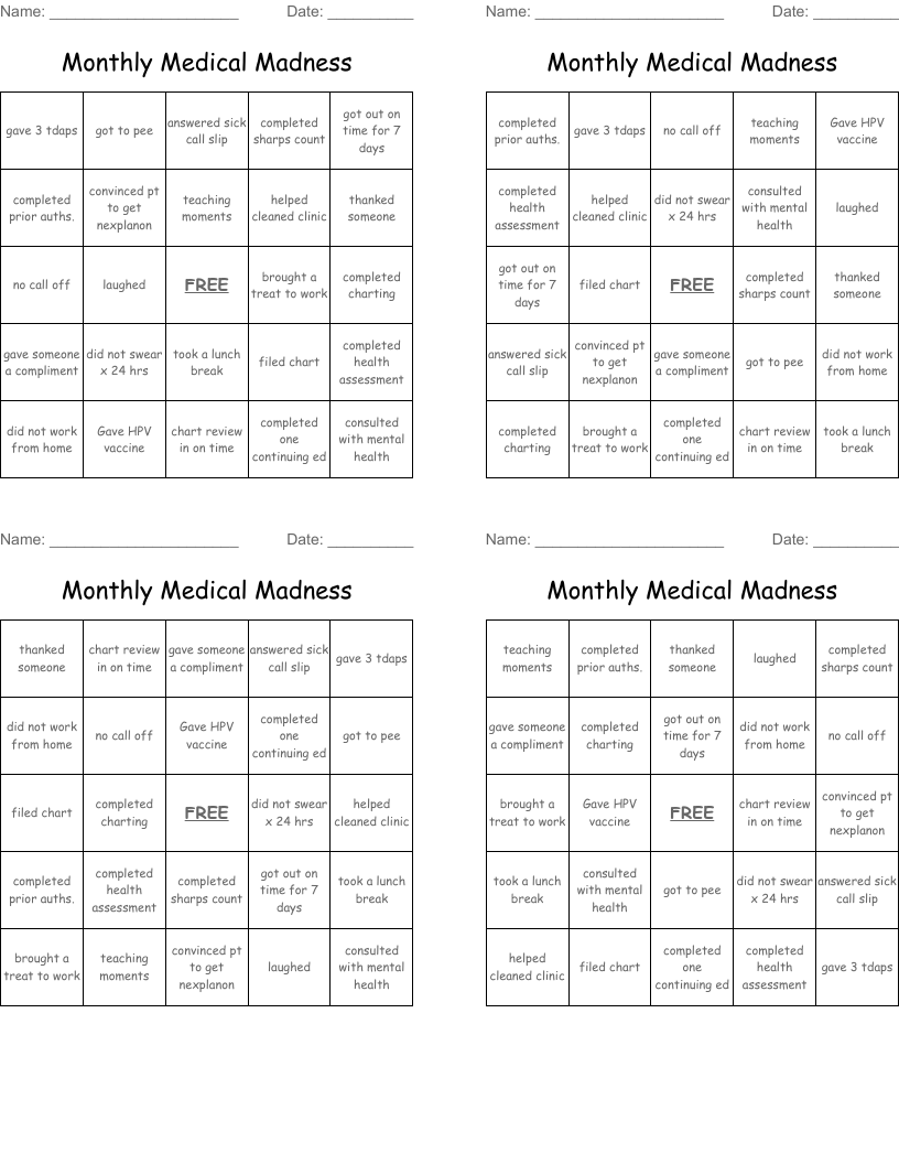 Monthly Medical Madness Bingo Cards