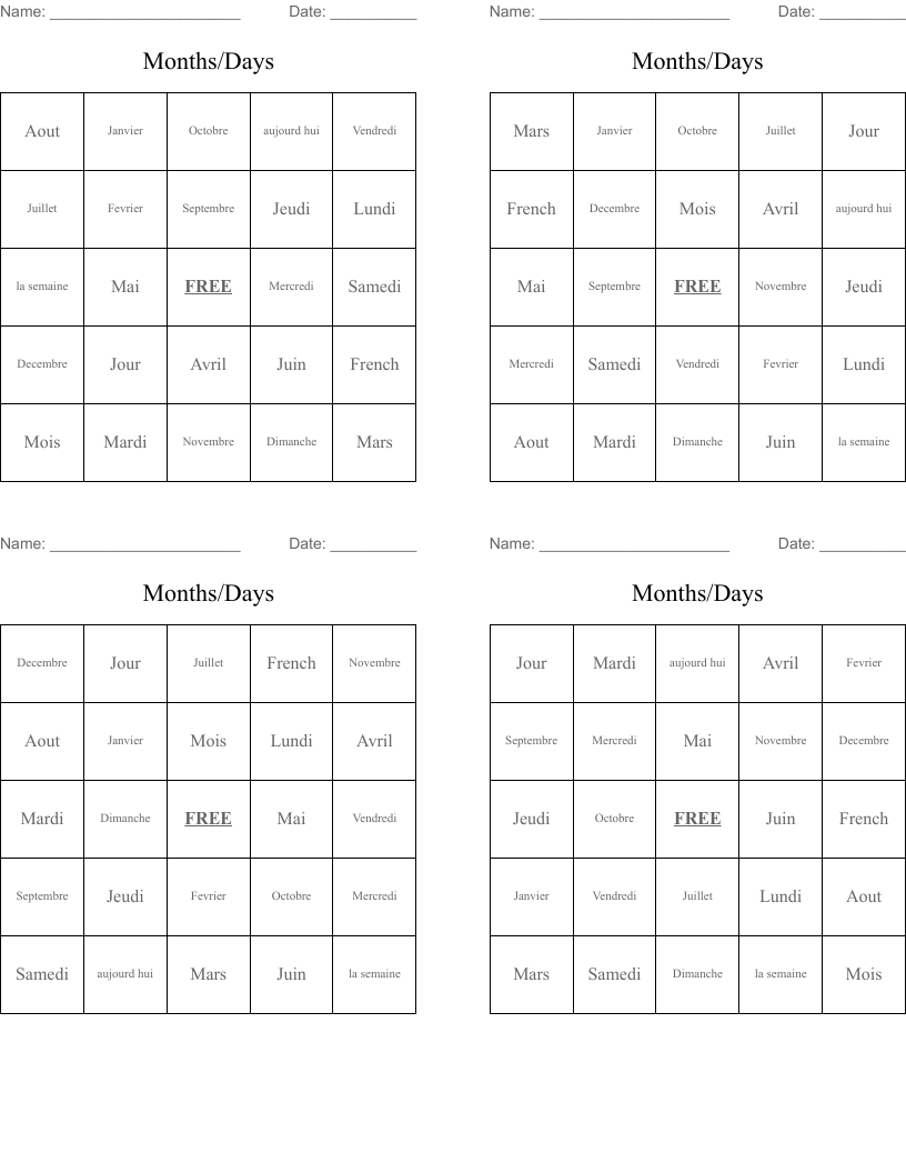Months/Days Bingo Cards