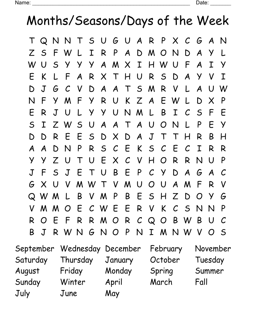 Months/Seasons/Days of the Week Word Search