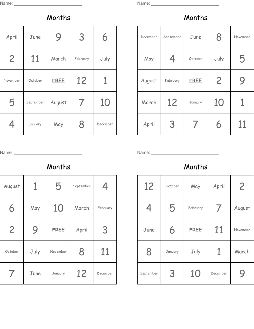 Months Bingo Cards