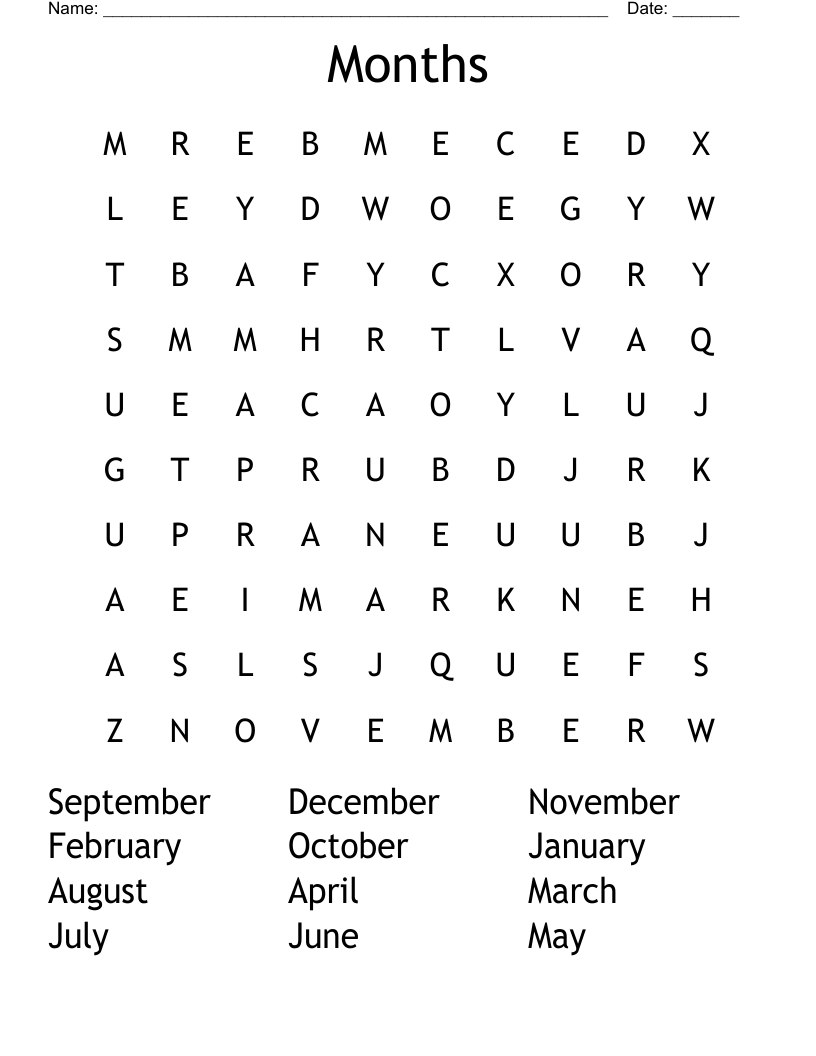 Months Word Search
