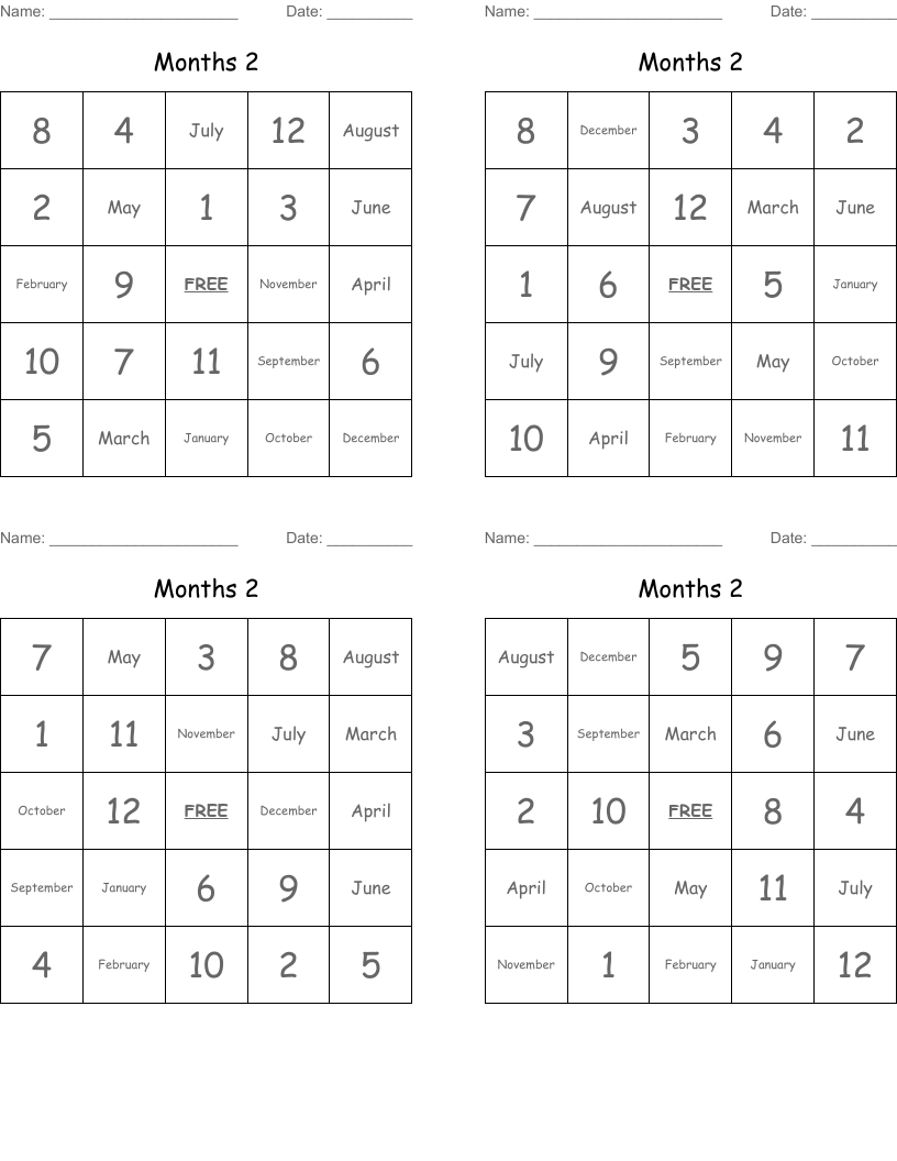 Months 2 Bingo Cards