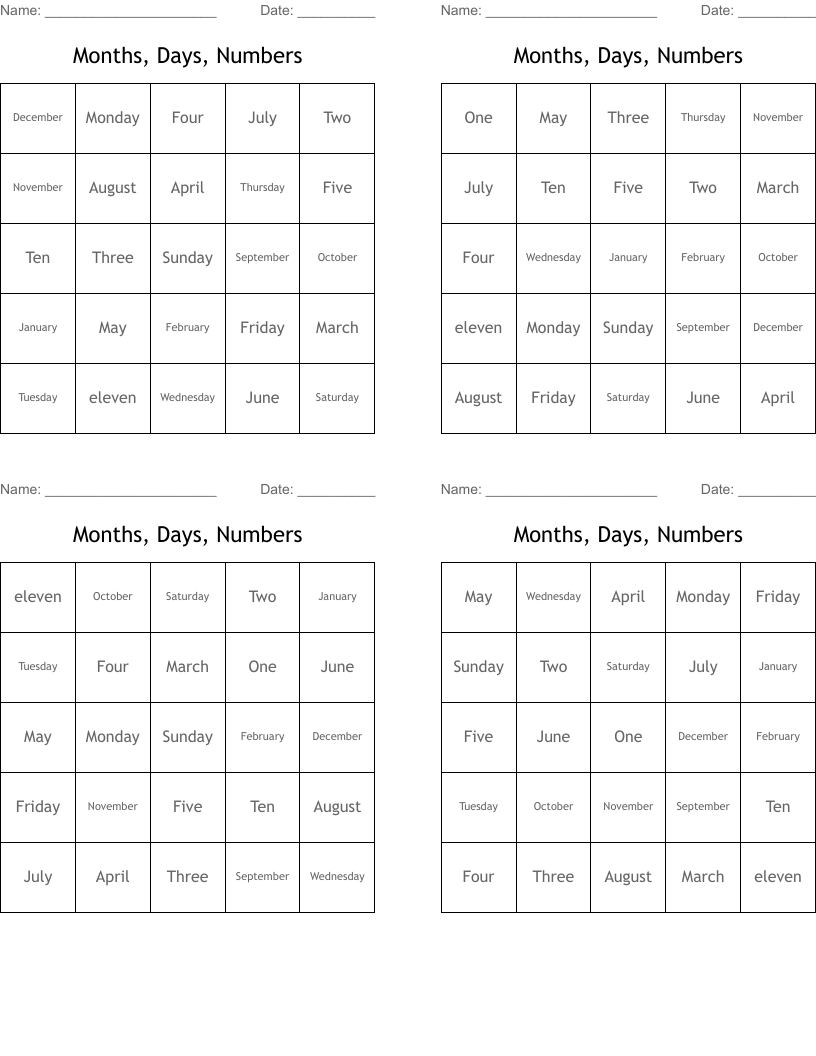 Months, Days, Numbers Bingo Cards