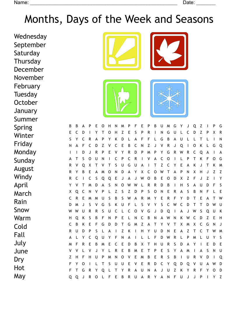 Months, Days of the Week and Seasons Word Search