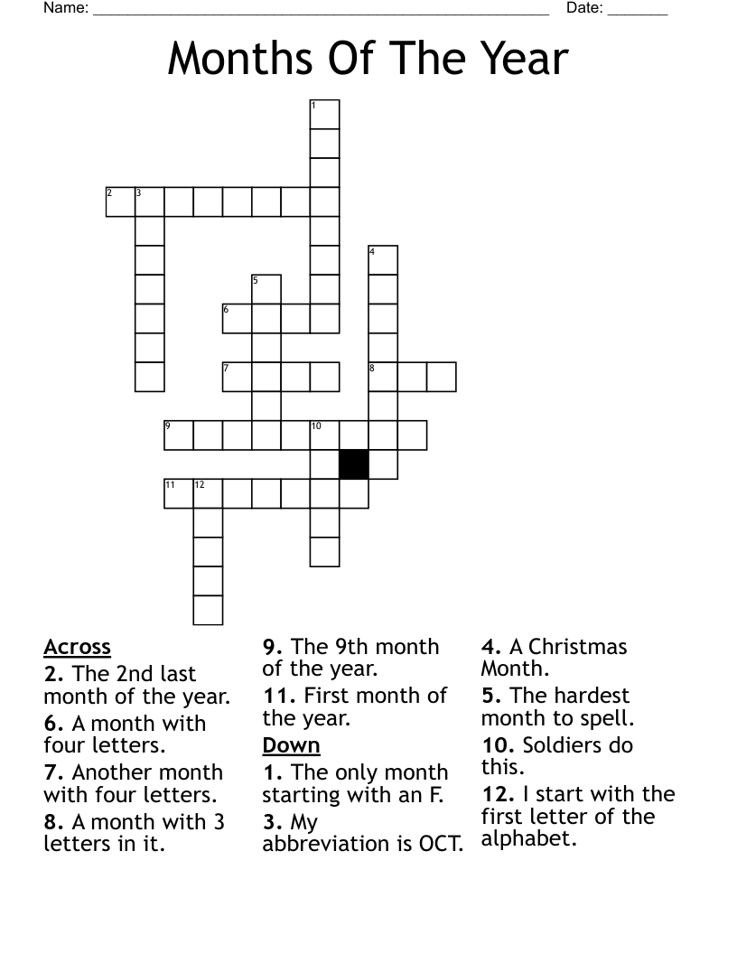 Months Of The Year Crossword