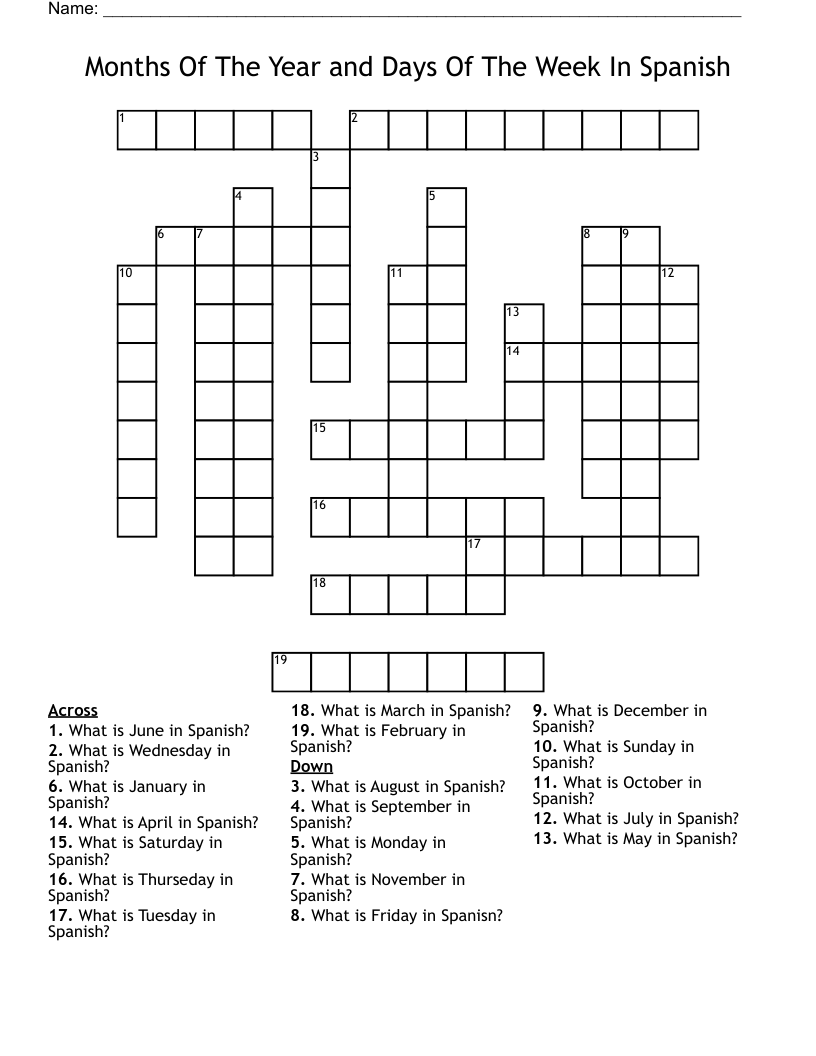 Months Of The Year and Days Of The Week In Spanish Crossword