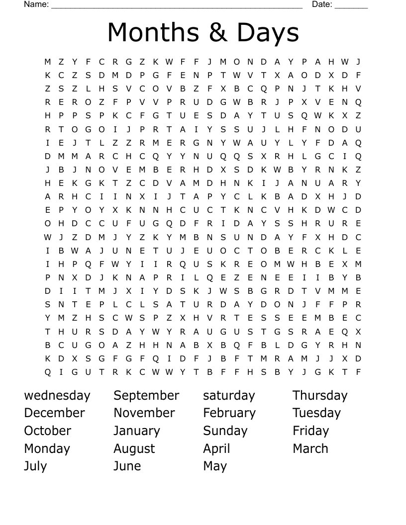 Months & Days Word Search