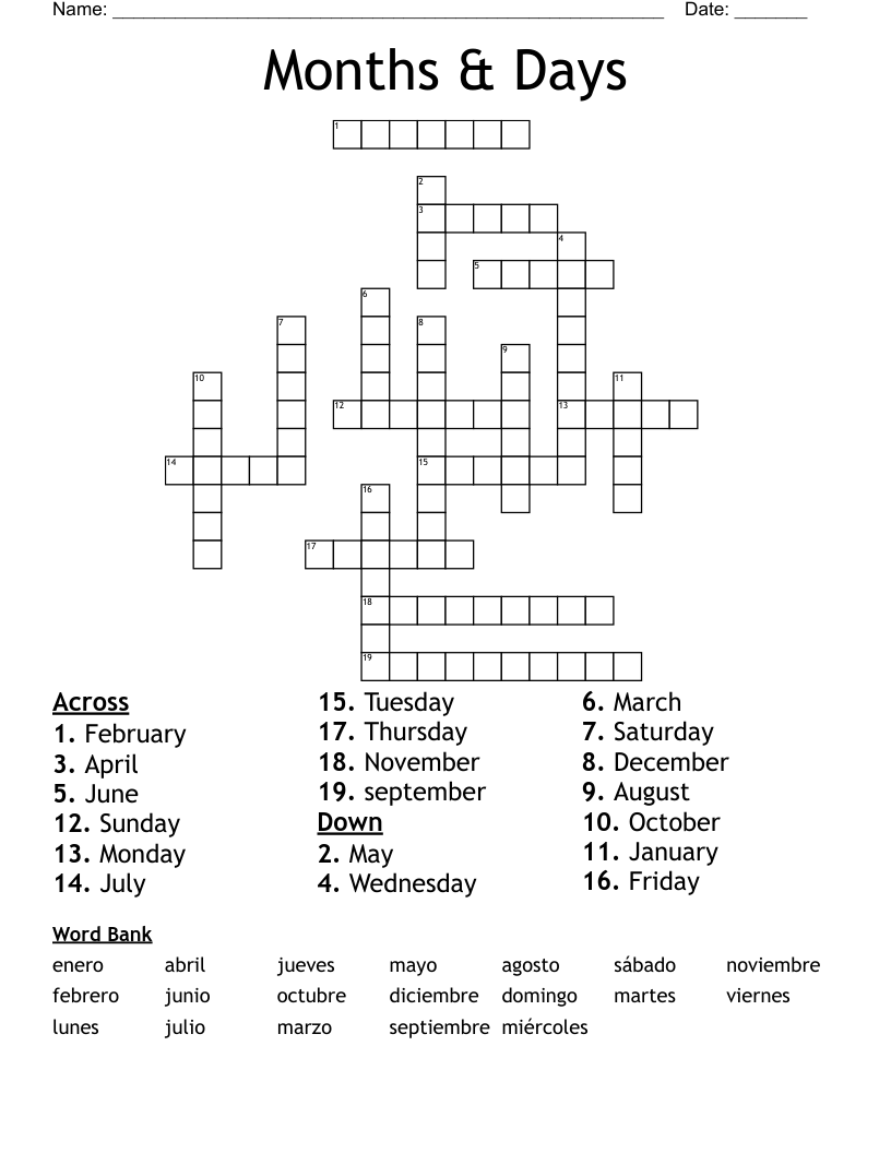 Months & Days Crossword
