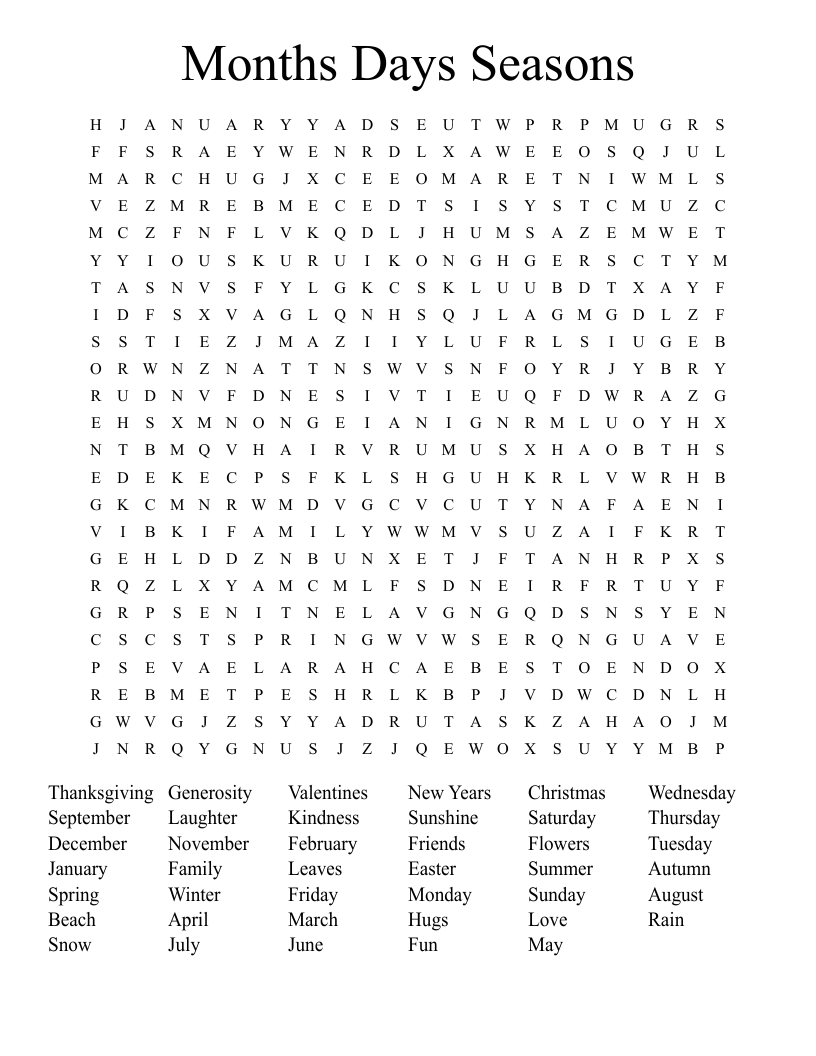 Months  Days  Seasons Word Search