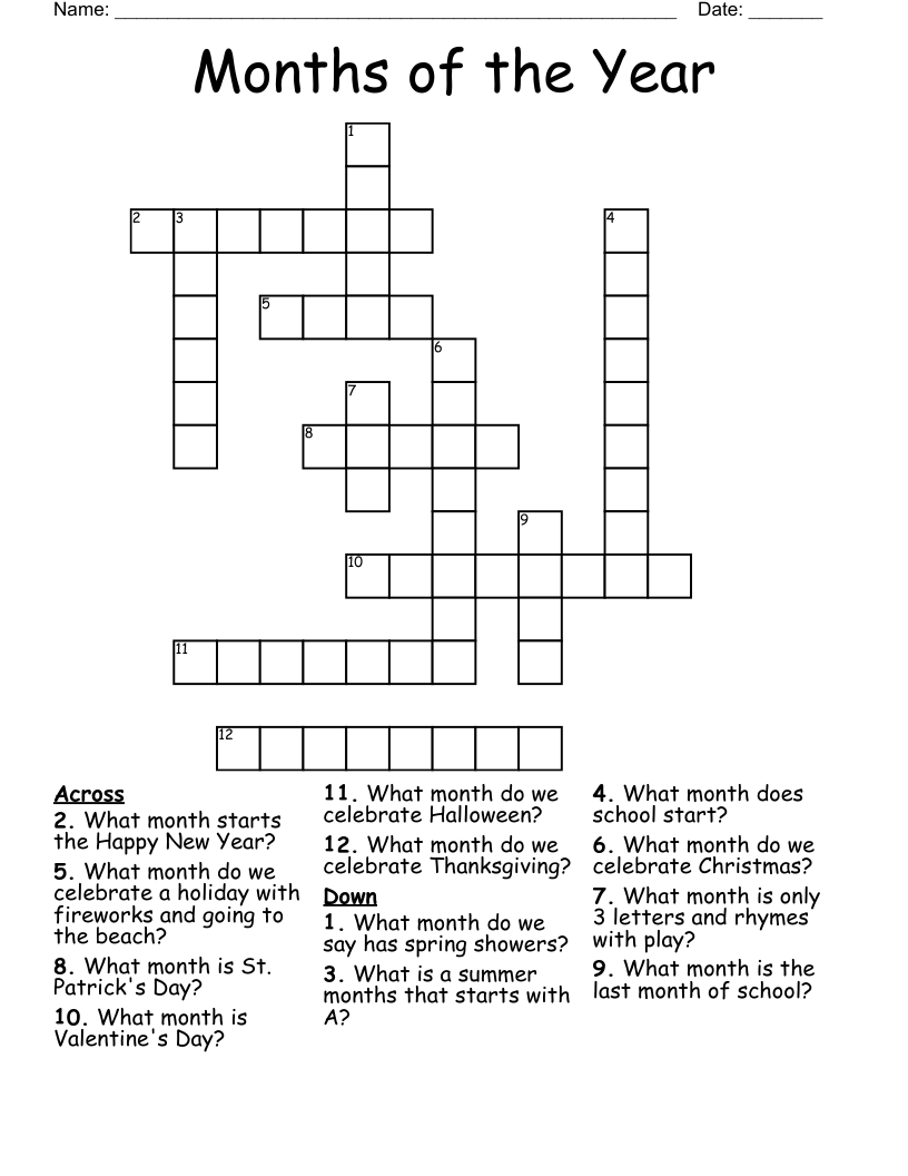 Months  of  the  Year Crossword
