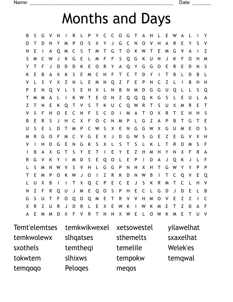 Months and Days Word Search
