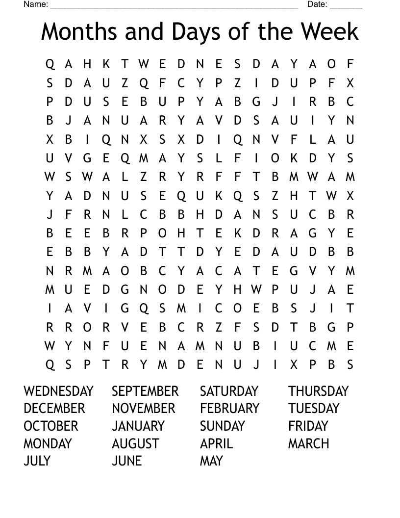 Months and Days of the Week Word Search