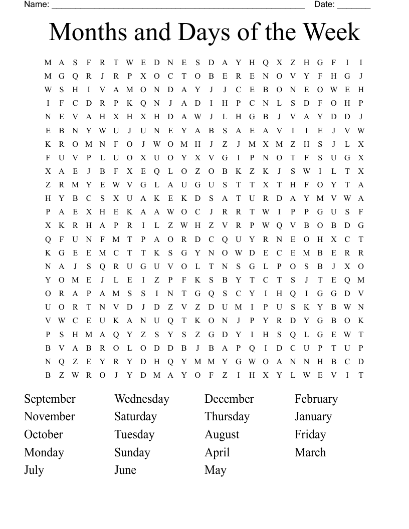Months and Days of the Week Word Search