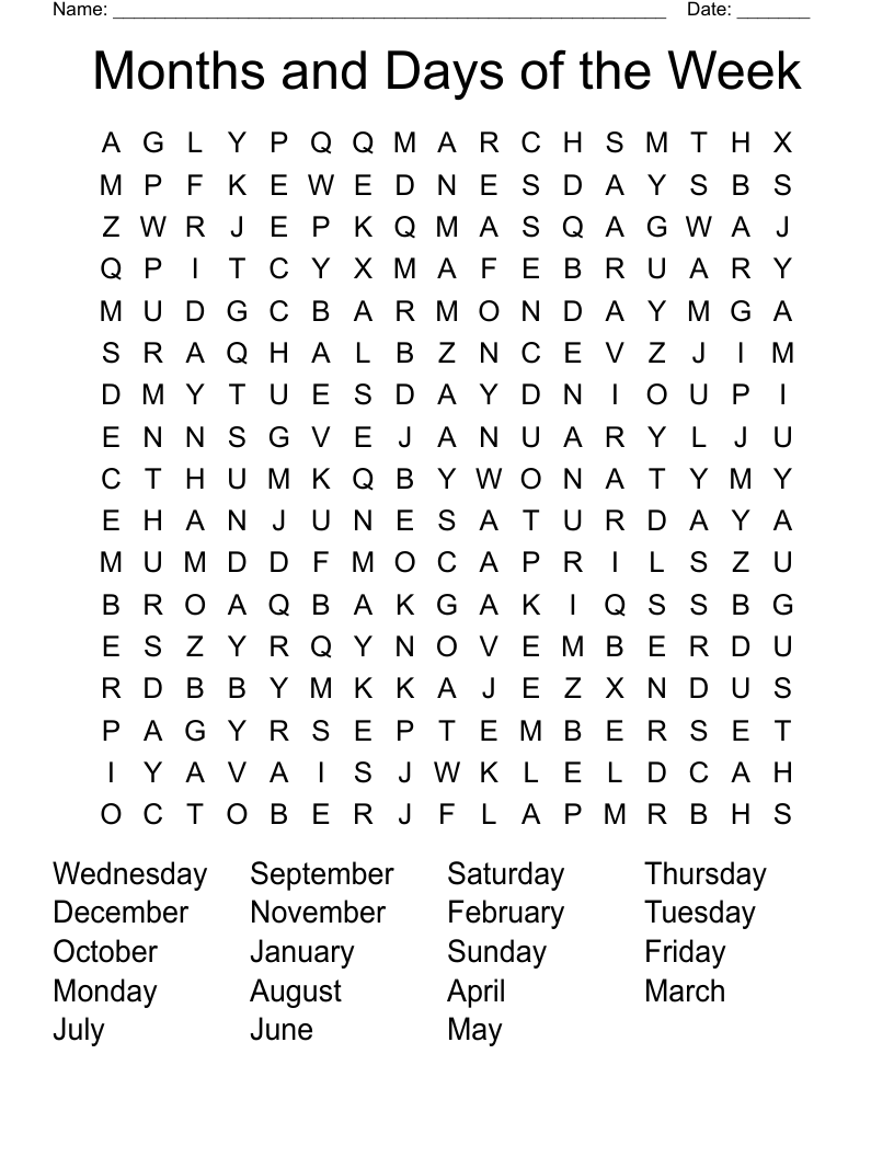 Months and Days of the Week Word Search