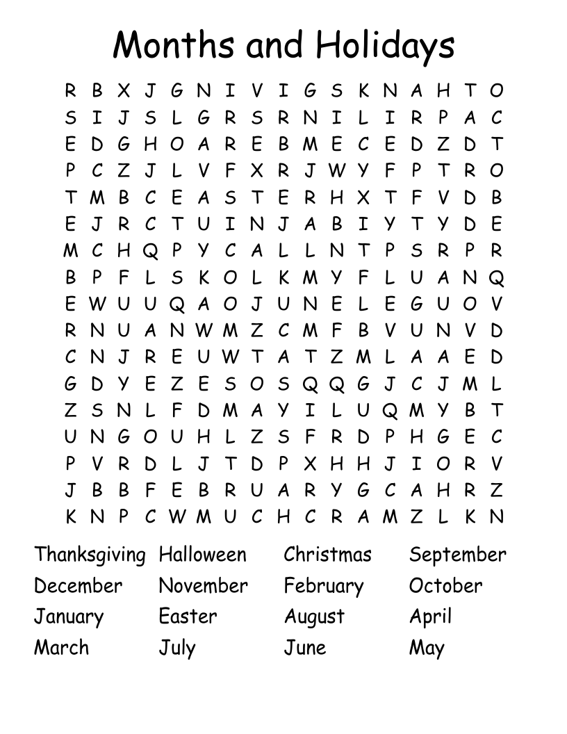Months and Holidays Word Search