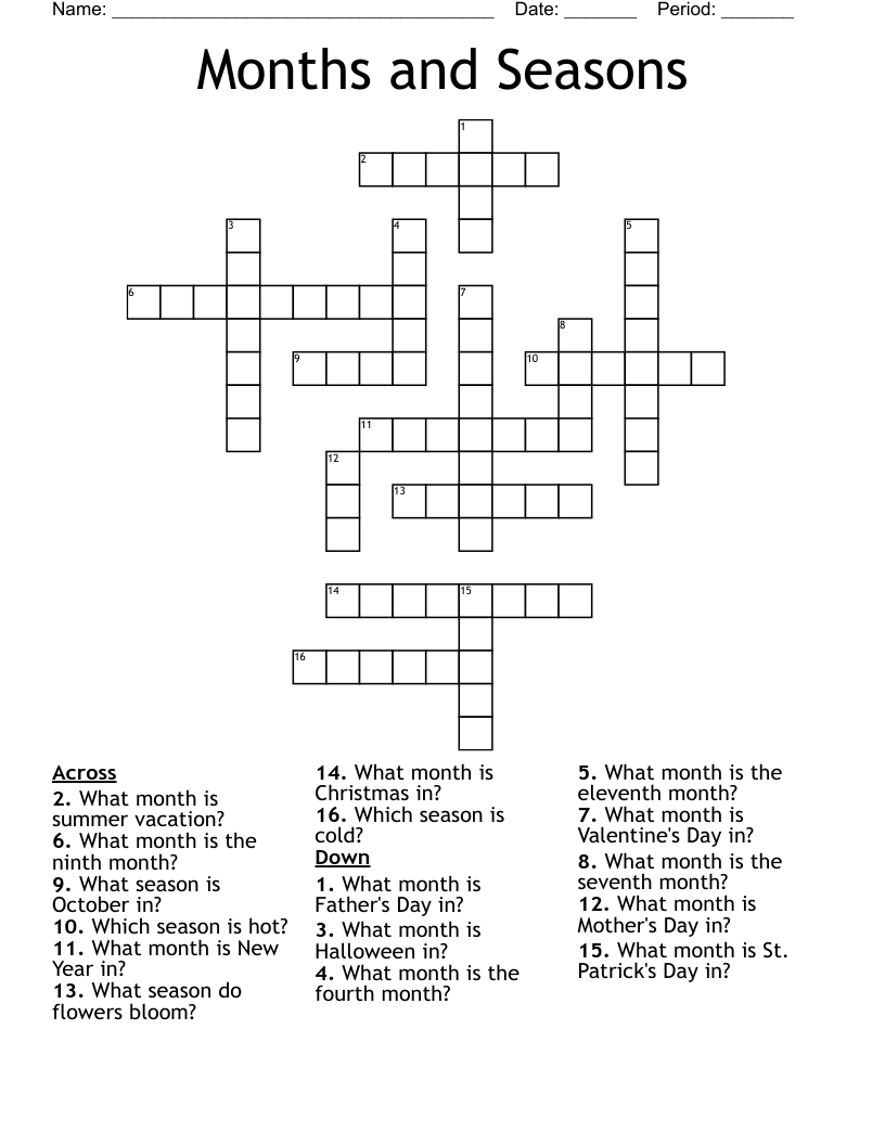 Months and Seasons Crossword