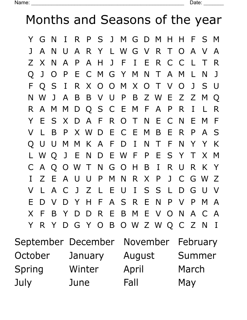 Months and Seasons of the year Word Search