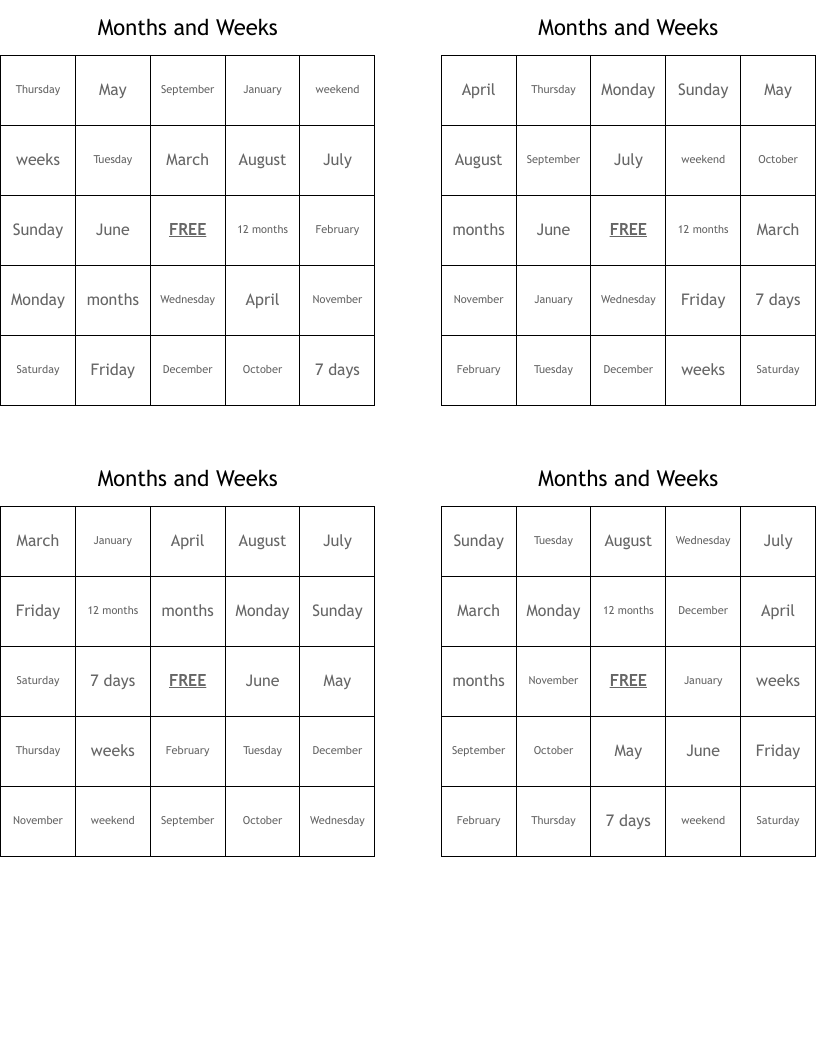 Months and Weeks Bingo Cards