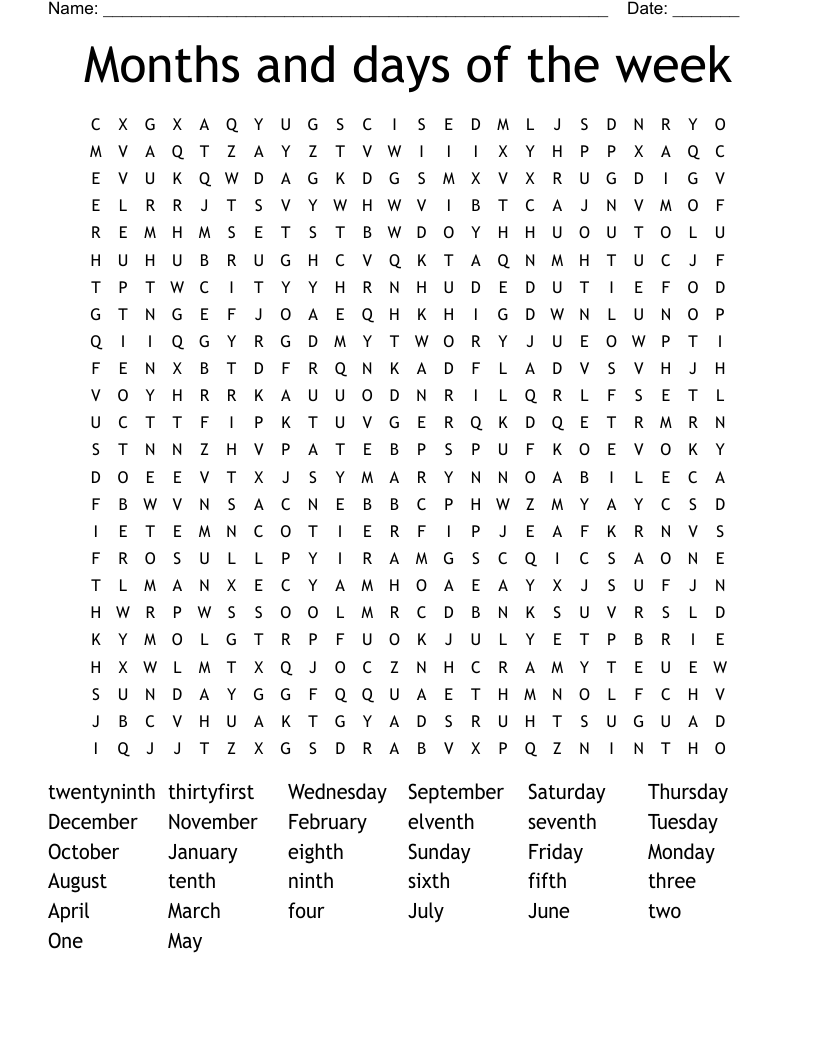 Months and days of the week Word Search