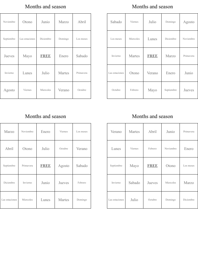 Months and season Bingo Cards